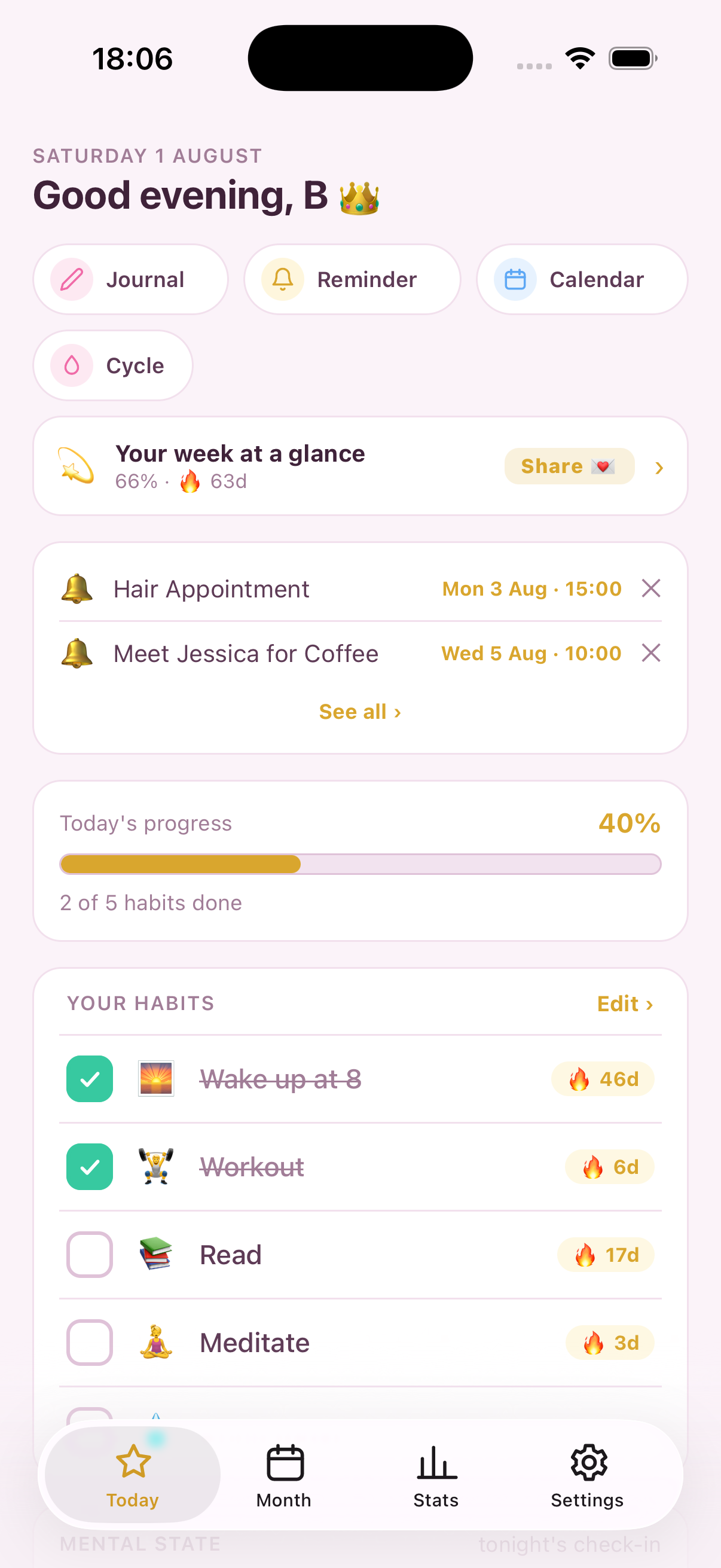 Progress Princess — the Today screen